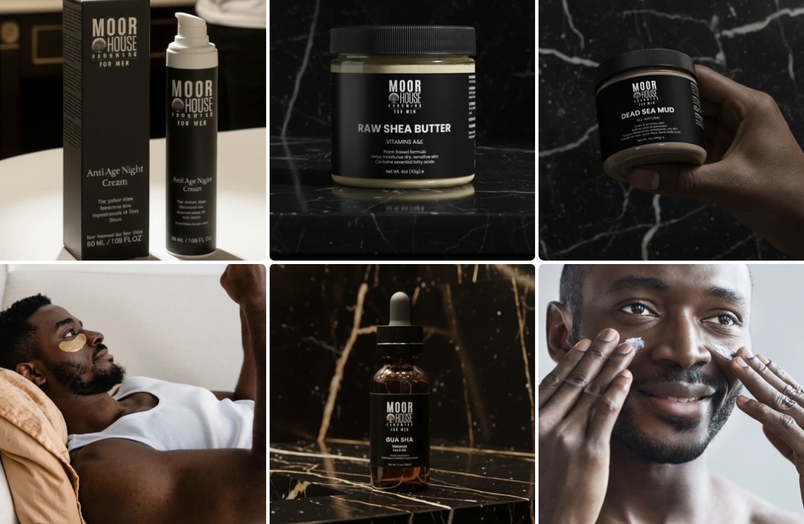 Moor House Grooming For Men product range including night cream, shea butter and dead sea mud