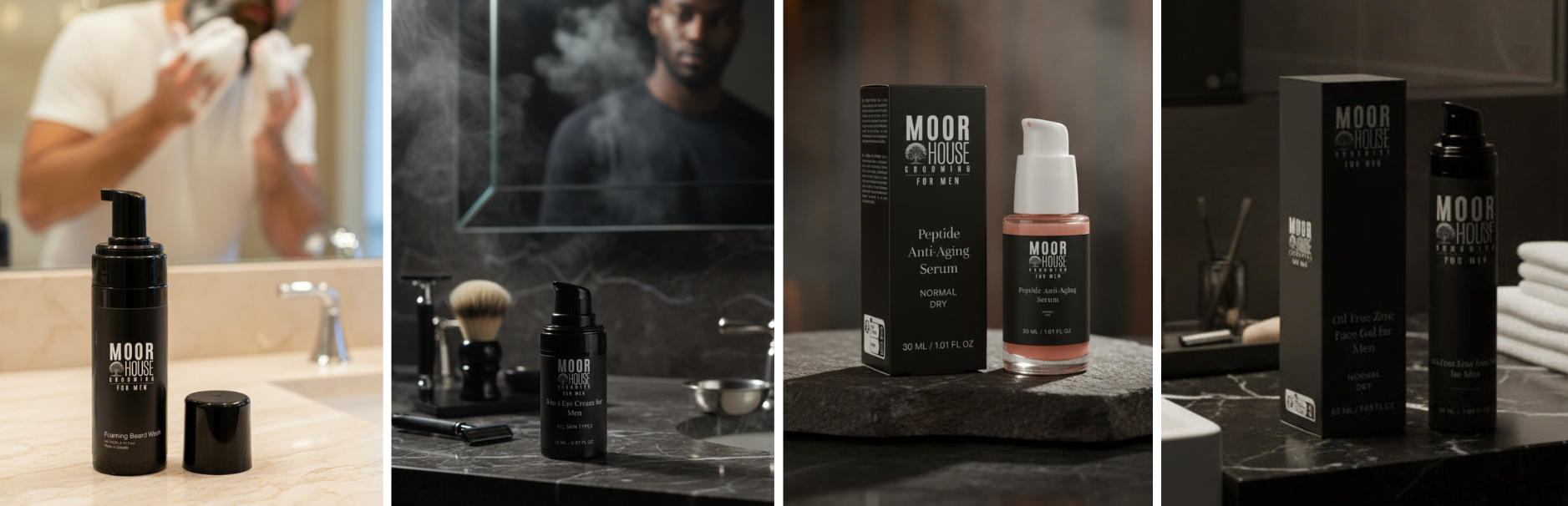 Moor House Grooming For Men foaming beard wash, eye cream, peptide anti-aging serum and oil free zinc face gel